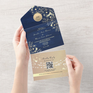 QR Code Rustic Navy Rose Gold Wedding All In One Invitation