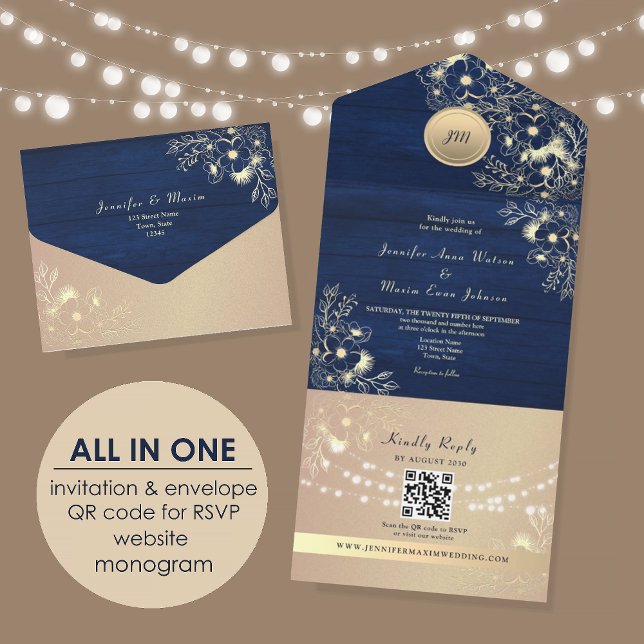 QR Code Rustic Navy Rose Gold Wedding All In One Invitation (Creator Uploaded)