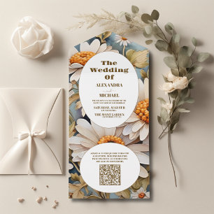QR Code Rustic Watercolor White Daisy Wedding All In One Invitation