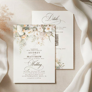 QR Code Rustic White Blooms Wedding Invitation