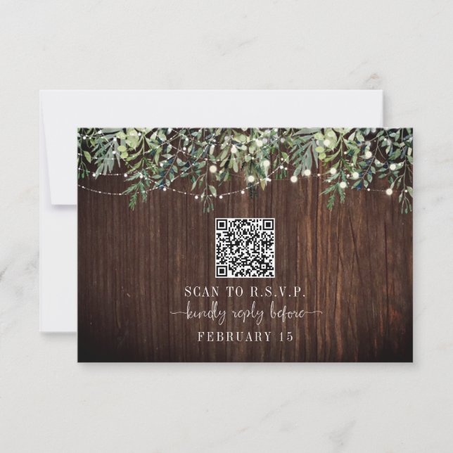 QR Code Rustic Wood Botanical Wedding RSVP Card (Front)
