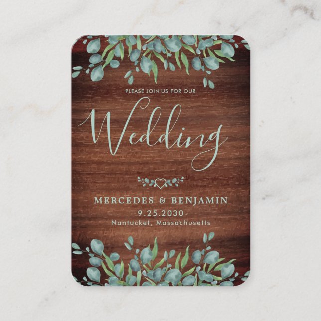QR Code Rustic Wood Eucalyptus Wedding Invitation (Front)