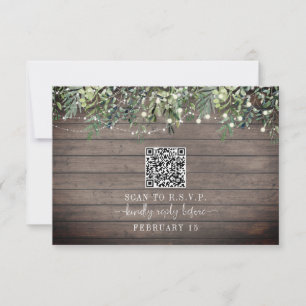 QR Code Rustic Wood Plank Botanical Wedding RSVP Card