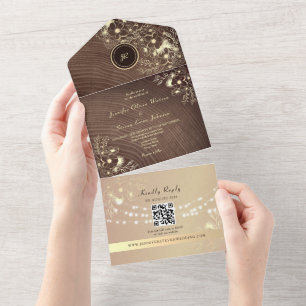 QR Code Rustic Wood Rose Gold Wedding All In One Invitation