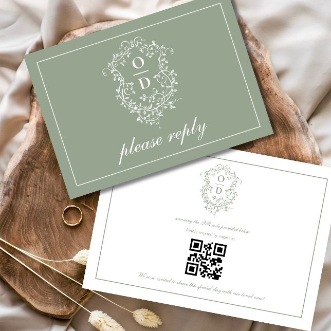 QR Code Sage Green Crest Monogram Wedding RSVP Card (Creator Uploaded)