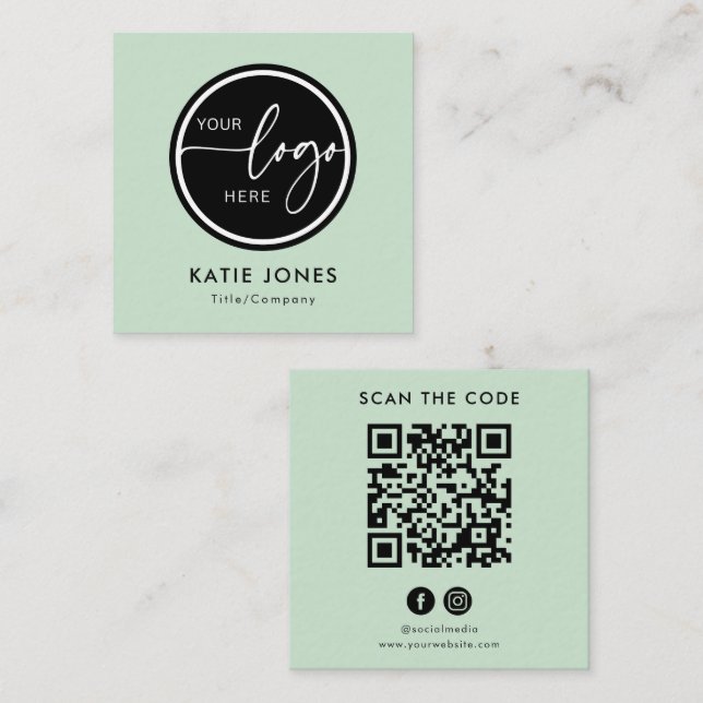 QR Code Sage Green Custom Logo Scan the Code Square Business Card (Front/Back)
