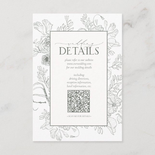 QR Code Sage Green Floral Wedding Details Enclosure Card (Front)