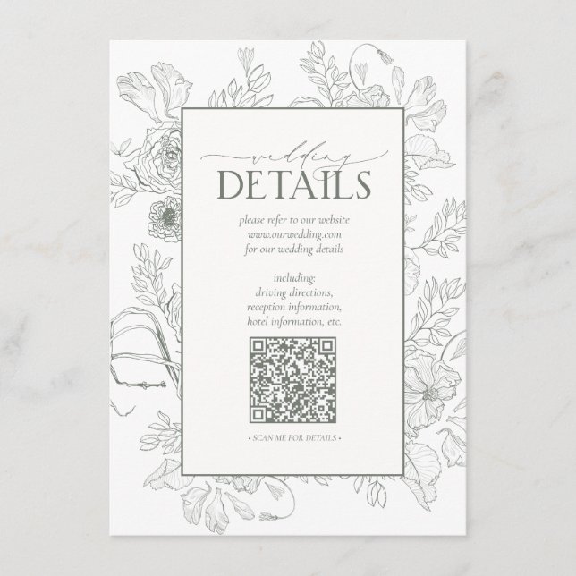 QR Code Sage Green Floral Wedding Details Enclosure Card (Front)