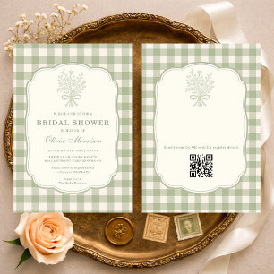 QR Code Sage Green Gingham Floral Bridal Shower Invitation