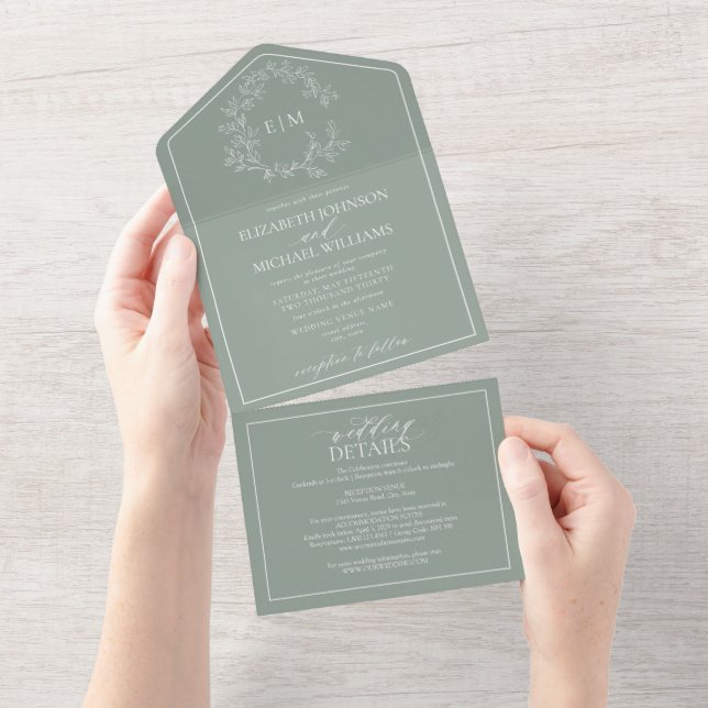 QR Code Sage Green Leafy Crest Monogram Wedding All In One Invitation (Tearaway)