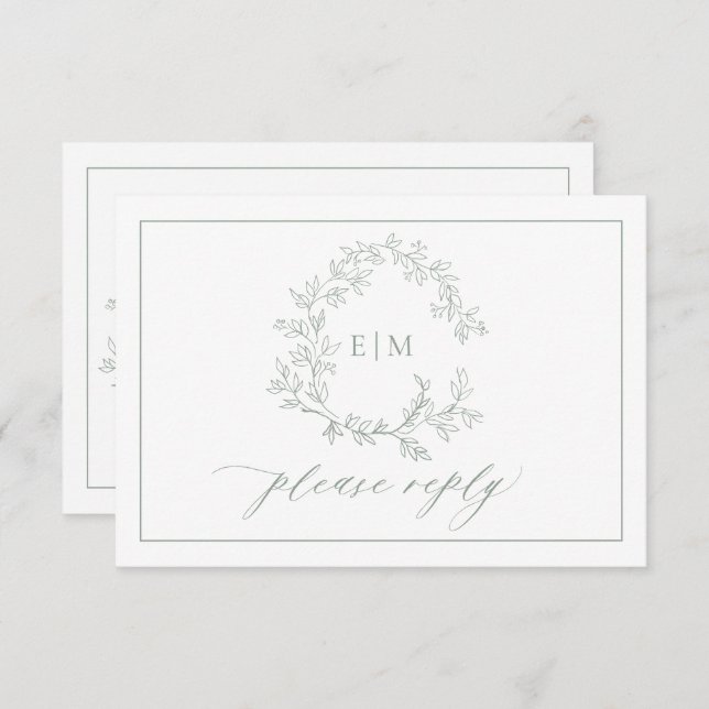 QR Code Sage Green Leafy Crest Monogram Wedding RSVP Card (Front/Back)