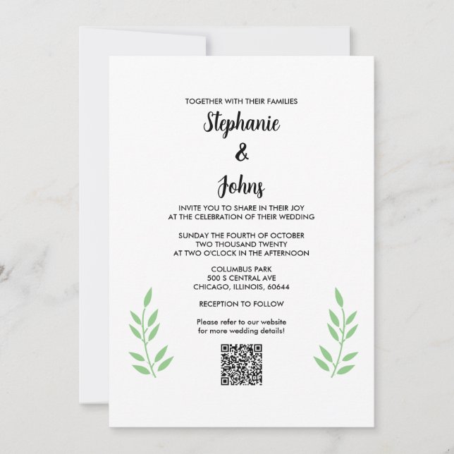 QR Code Sage Green Leaves Black Script Wedding Invitation (Front)