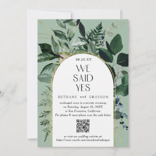 QR code,  Sage Green Modern Botanical arch wedding Announcement