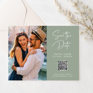 QR Code   Sage Green Modern Photo Save the Date Postcard