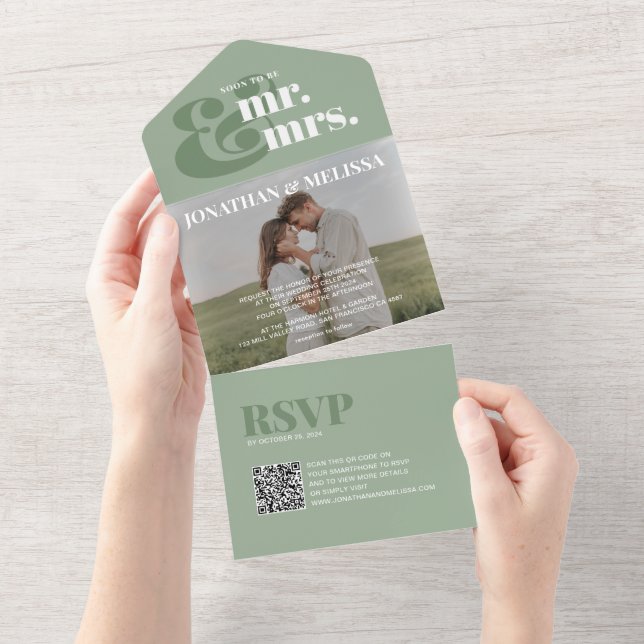 QR code | Sage Green Overlay Photo Script Wedding All In One Invitation (Tearaway)