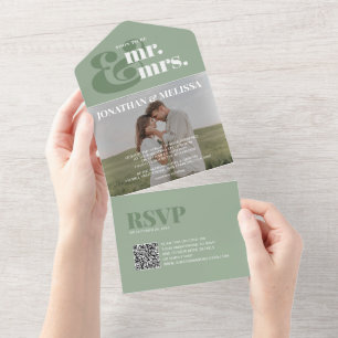 QR code   Sage Green Overlay Photo Script Wedding All In One Invitation