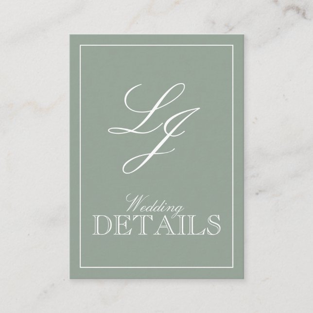 QR Code Sage Green Script Monogram Wedding Details Enclosure Card (Front)
