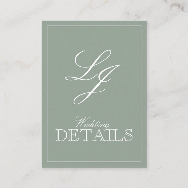 QR Code Sage Green Script Monogram Wedding Details Enclosure Card (Front)