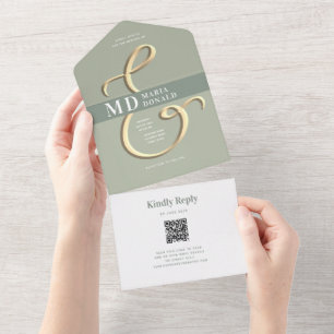 QR Code Sage Green Wedding All In One Invitation