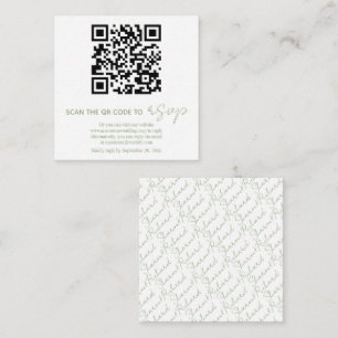 QR code sage green, white calligraphy RSVP photo Enclosure Card
