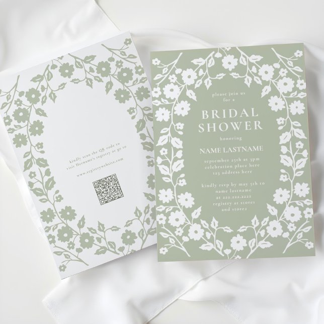 QR Code Sage Green White Folk Floral Bridal Shower Invitation (Creator Uploaded)