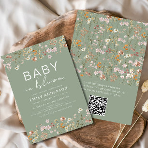 QR Code Sage Green Wildflower Baby in Bloom Shower Invitation
