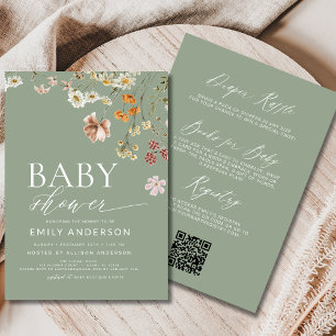 QR Code Sage Green Wildflower Baby Shower  Invitation