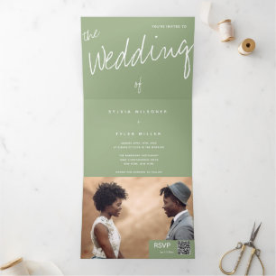 QR Code Sage Minimalist Photo Tri-Fold Invitation