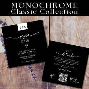 QR Code Save The Date Black White Curve Bow Card