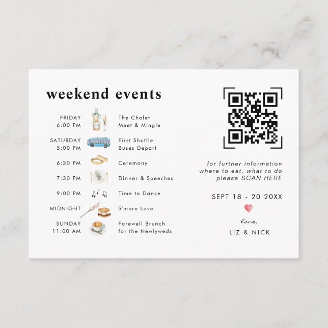 QR Code Scan | Illustrated Wedding Weekend Details Enclosure Card (Front)
