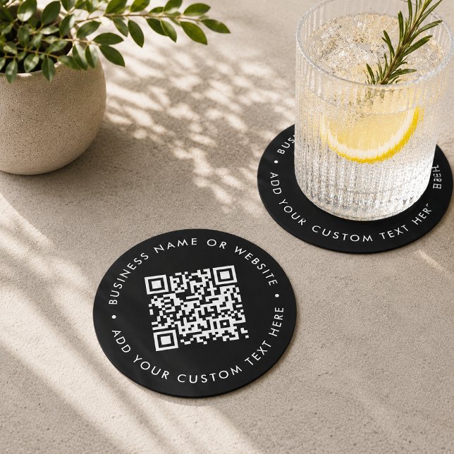 QR Code | Scan Me Black Modern Stylish Business Round Paper Coaster (Custom black QR code coaster for website links, menus, bookings, reviews, and promos.)