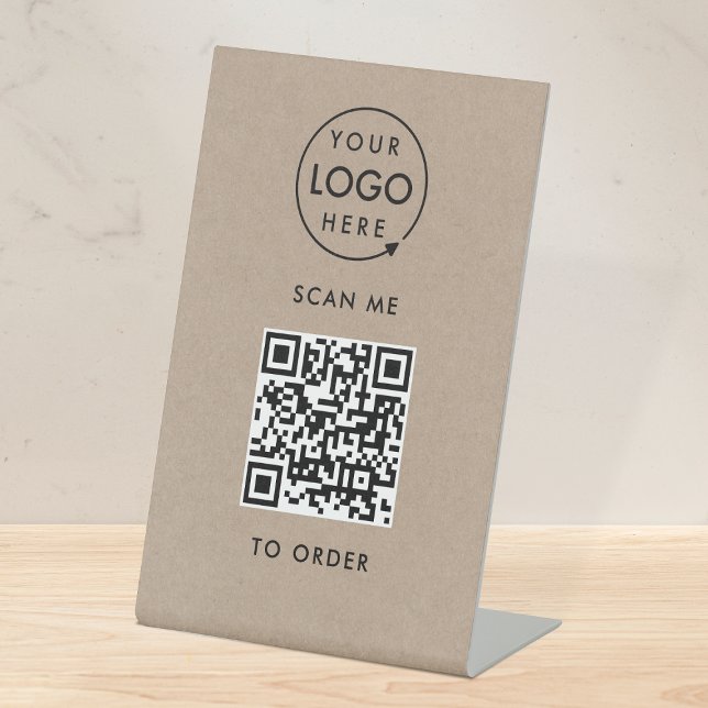 QR Code Scan to Order | Rustic Kraft Contactless Pedestal Sign (Interactive "scan to order" QR code table signs for restaurants, bars, cafes & hospitality events.)