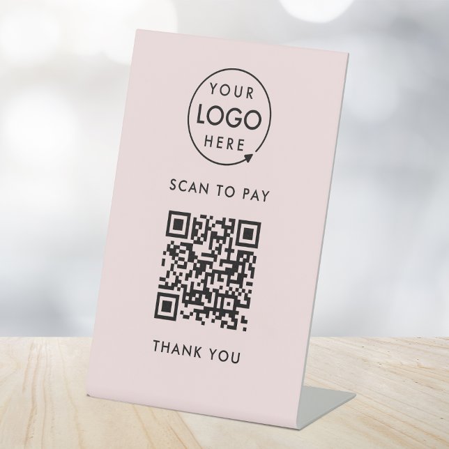 QR Code Scan to Pay | Pink Business Logo Pedestal Sign (Interactive "scan to pay” QR code cash wrap table signs for electronic payment transactions.)