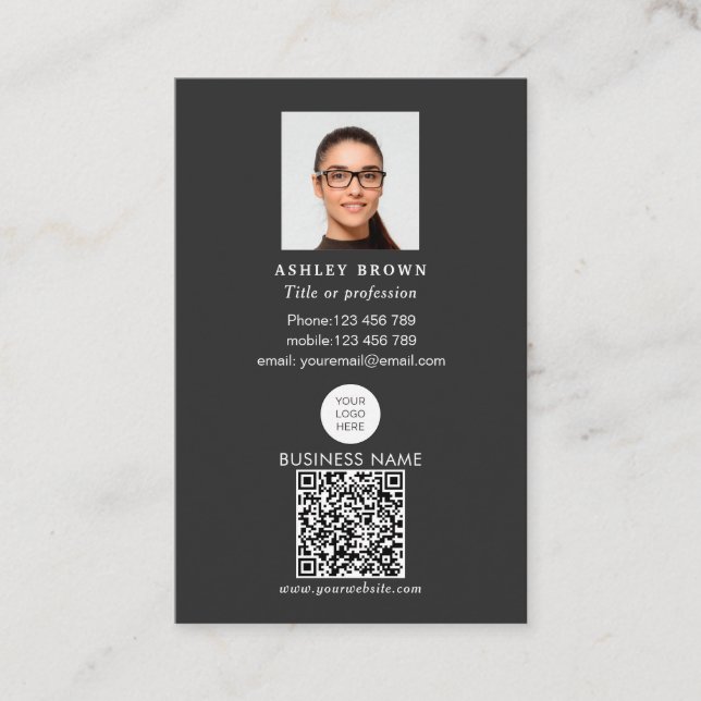 Qr code scannable barcode modern logo photo business card (Front)