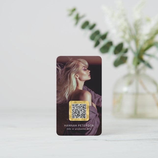 QR code scannable barcode modern trendy gold photo Business Card (Standing Front)