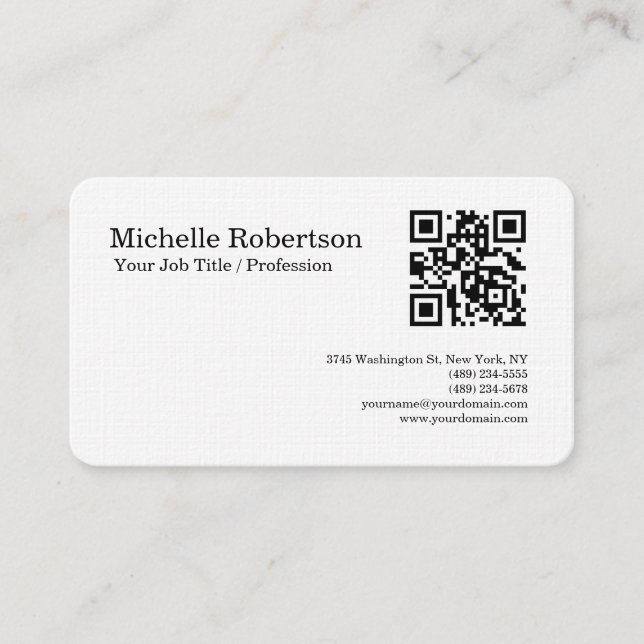 QR Code Scannable Linen Black White Minimalist Business Card (Front)