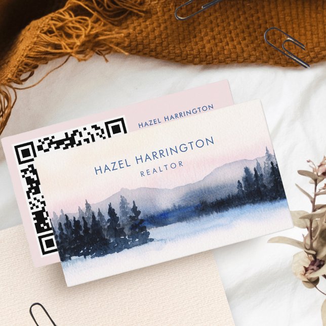 QR Code Scannable Mountains Watercolor Outdoors Business Card (Creator Uploaded)