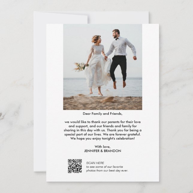 QR code Script Modern Wedding Photo Thank you Card (Back)