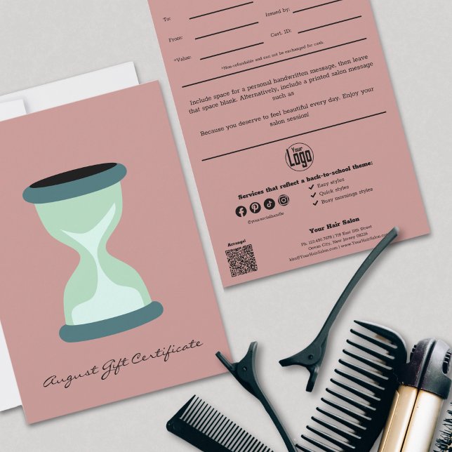 QR Code Services Note August Gift Certificate (Hairstylist QR Code Services Note August Gift Certificate, Back to School, Hourglass)