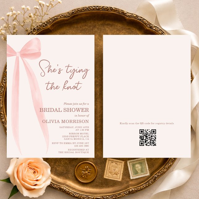 QR Code She's Tying the Knot Bow Bridal Shower Invitation (Creator Uploaded)