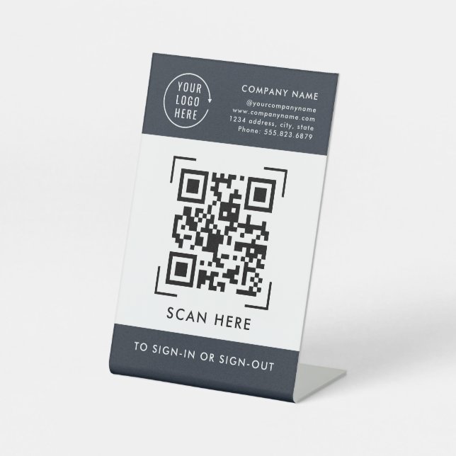 QR Code Sign-In | Business Logo Contactless Pedestal Sign (Front)