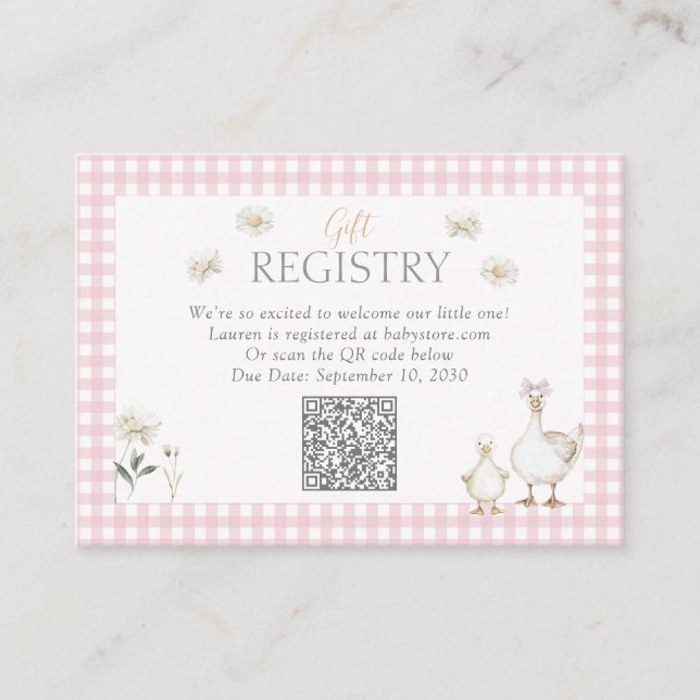 QR Code Silly Goose Pink Bow Gift Registry Shower Enclosure Card (Front)