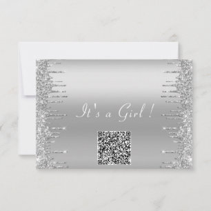 QR Code Silver Glitter Baby Girl Shower Invitation