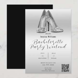 QR CODE Silver Glitter Shoes Bachelorette Invitation