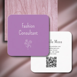 QR code Simple Boho Flower Botanical Purple Square Business Card