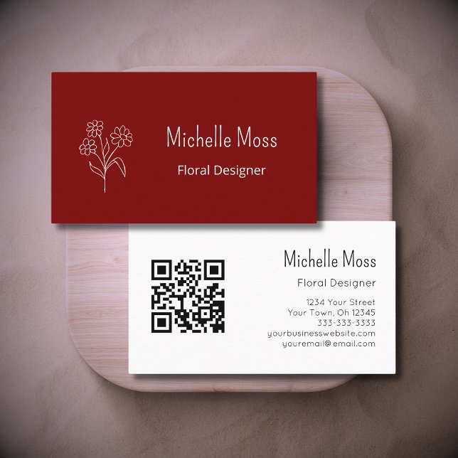 QR code Simple Daisy Floral Designer Red Burgundy Business Card (Creator Uploaded)