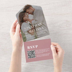 QR Code Simple Dusty Rose Overlay Photo Wedding All In One Invitation