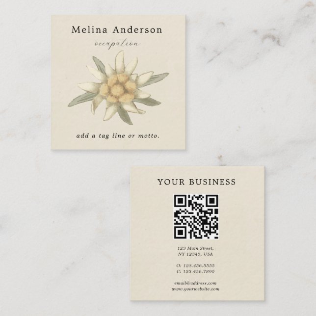 QR Code Simple Edelweiss Flower  Square Business Card (Front/Back)