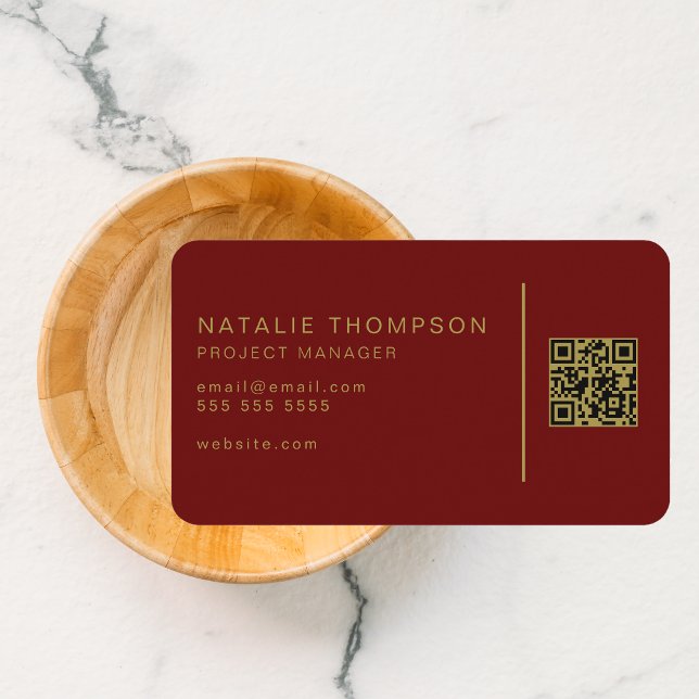 QR Code Simple Elegant Classy Dark Red and Gold Business Card (Creator Uploaded)