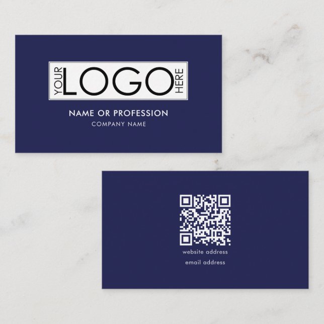 QR Code Simple Navy Blue Modern Business Logo Business Card (Front/Back)